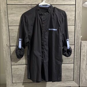 Black Button-Up Shirt with Blue Accents